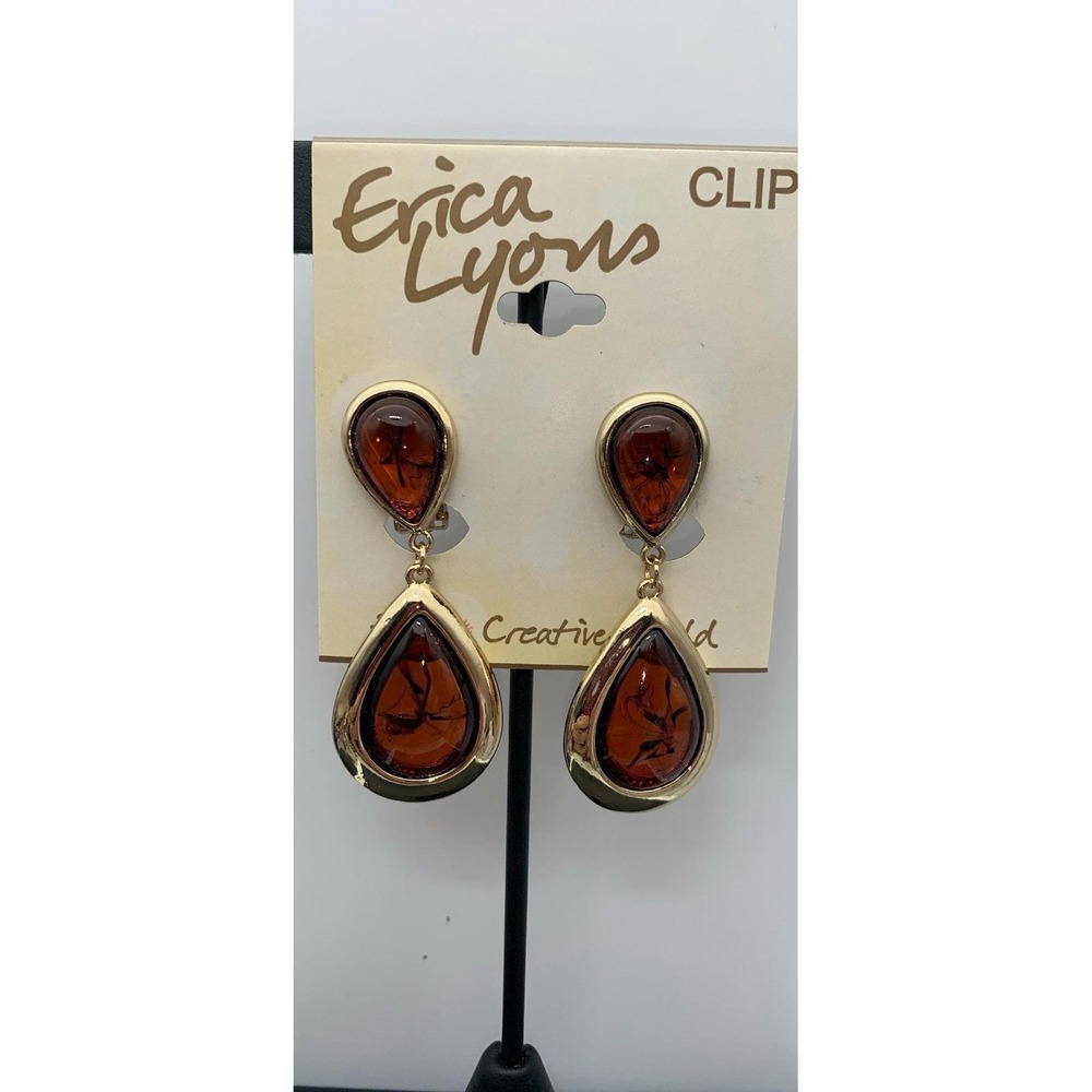 Vintage NOS Erica Lyons Gold Tone And Amber Swirled Acrylic Clip On Earrings